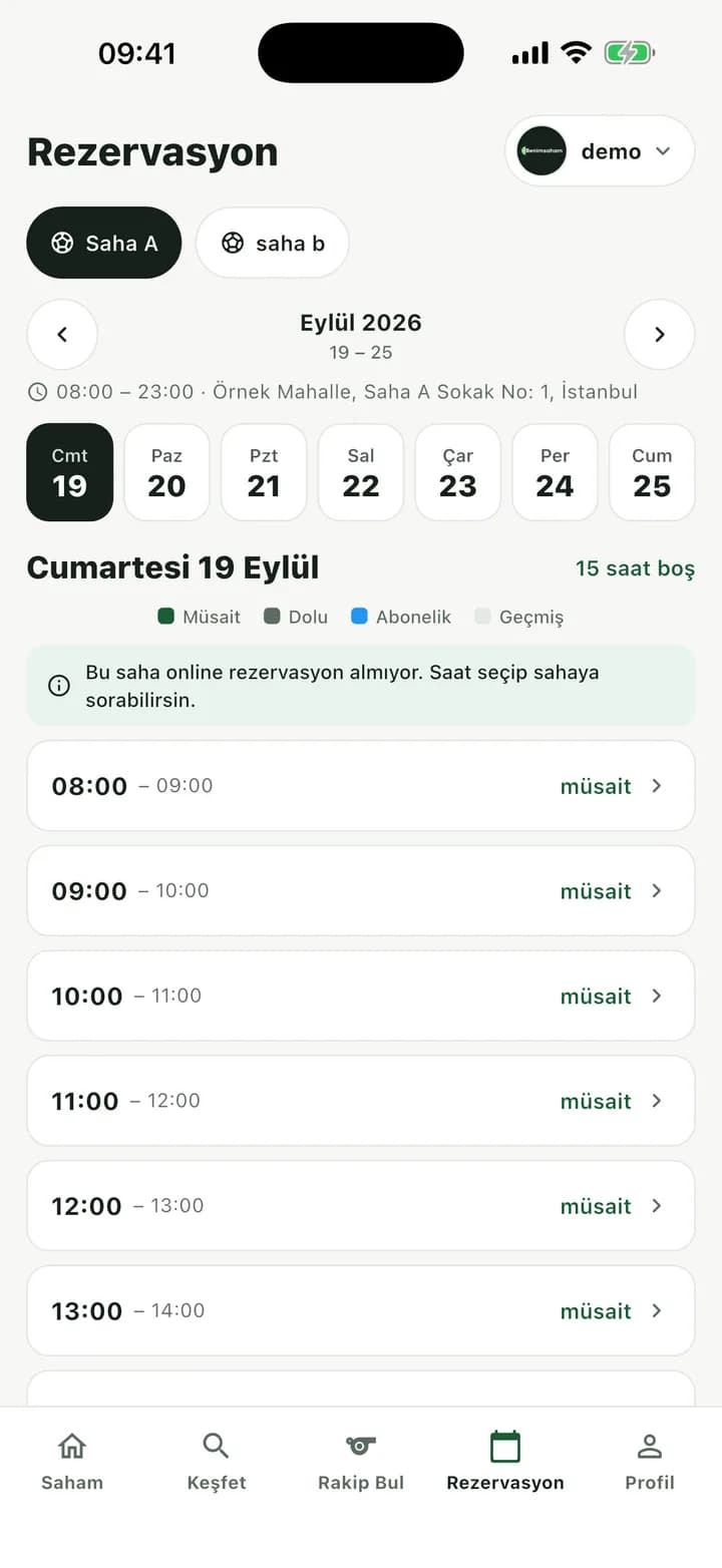Benimsaham rezervasyon takvimi